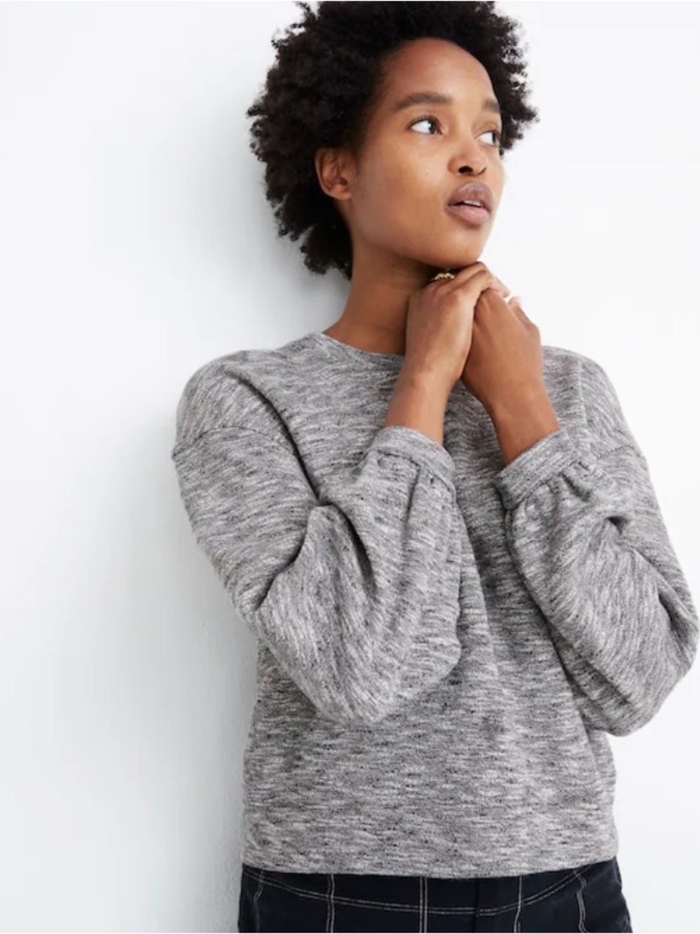 Madewell Heather Black Cream Balloon-Sleeve Crewneck Sweater